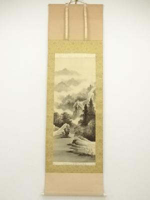 伊藤春嶺筆　水墨山水　肉筆絹本掛軸（共箱）